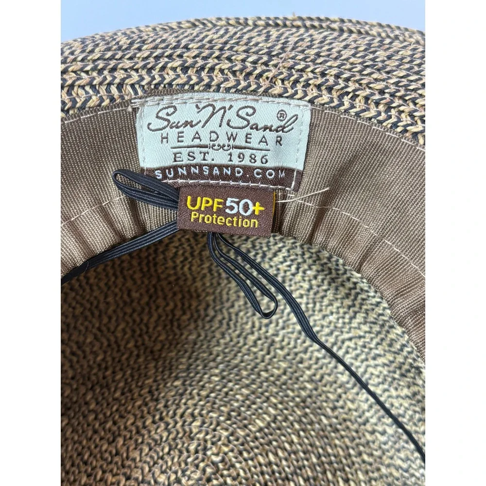 Sun N Sand Womens Wide Brim Straw Hat UPF 50+ Black Tan Gold Chain Bow Accent